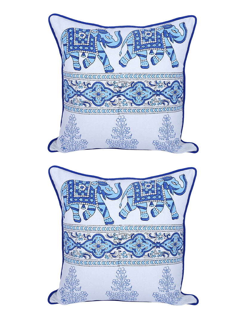 Rajasthan Décor Hand Block Animal Pattern White and Sky Blue Cotton Cushion Cover set of 2 (12x12 inches)