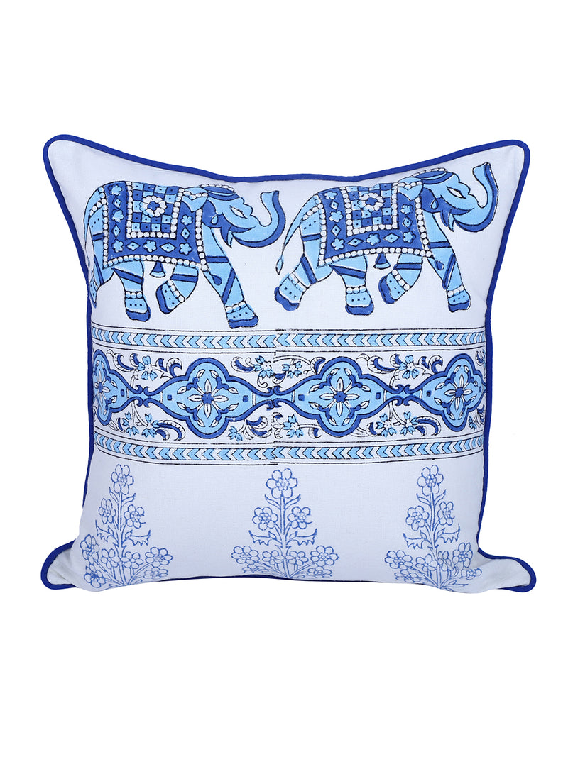 Rajasthan Décor Hand Block Animal Pattern White and Sky Blue Cotton Cushion Cover set of 2 (12x12 inches)