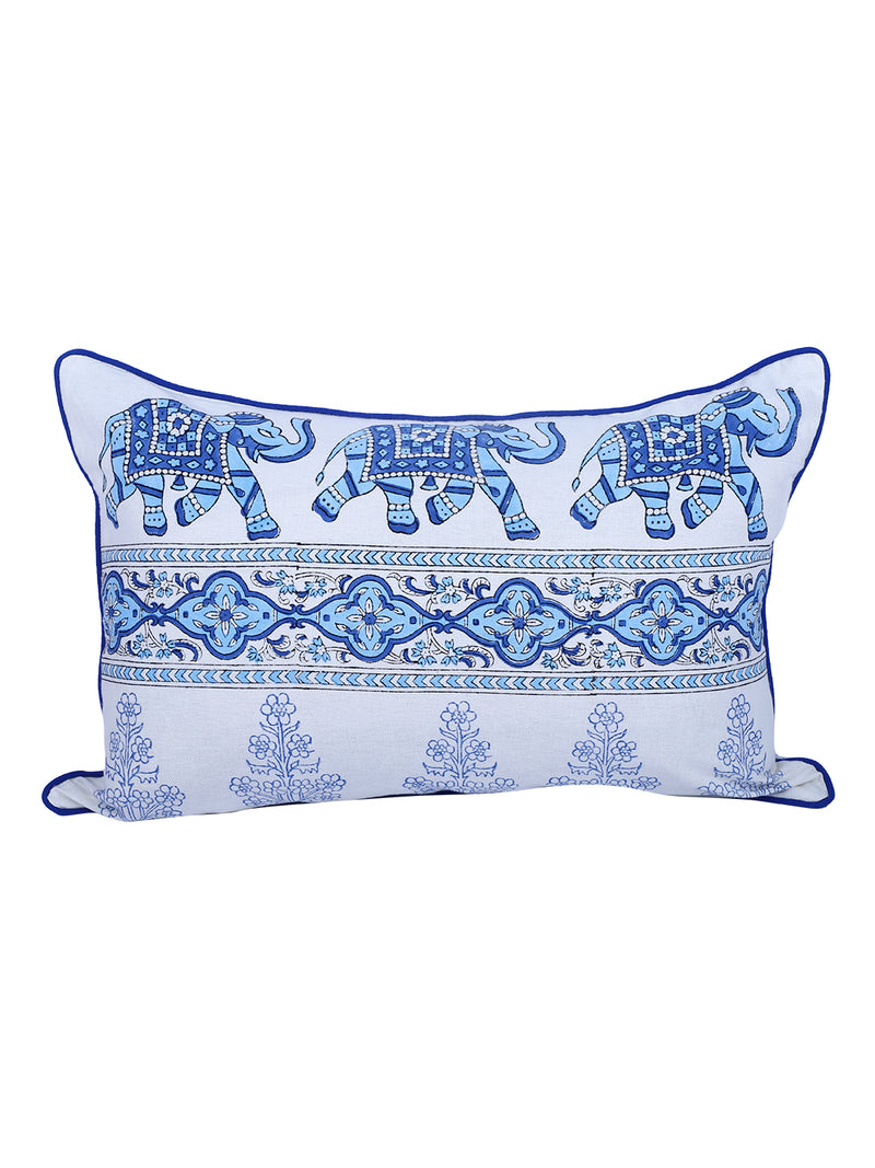 Rajasthan Décor Hand Block Animal Pattern White and Sky Blue Cotton Cushion Cover set of 2 (12x18 inches)