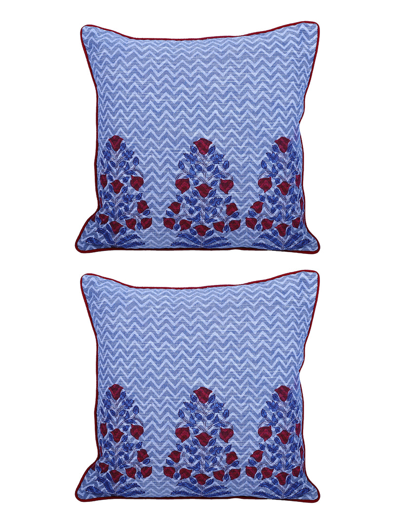 Rajasthan Décor Hand Block Floral Sky Blue Cotton Cushion Cover set of 2 (16x16 inches)