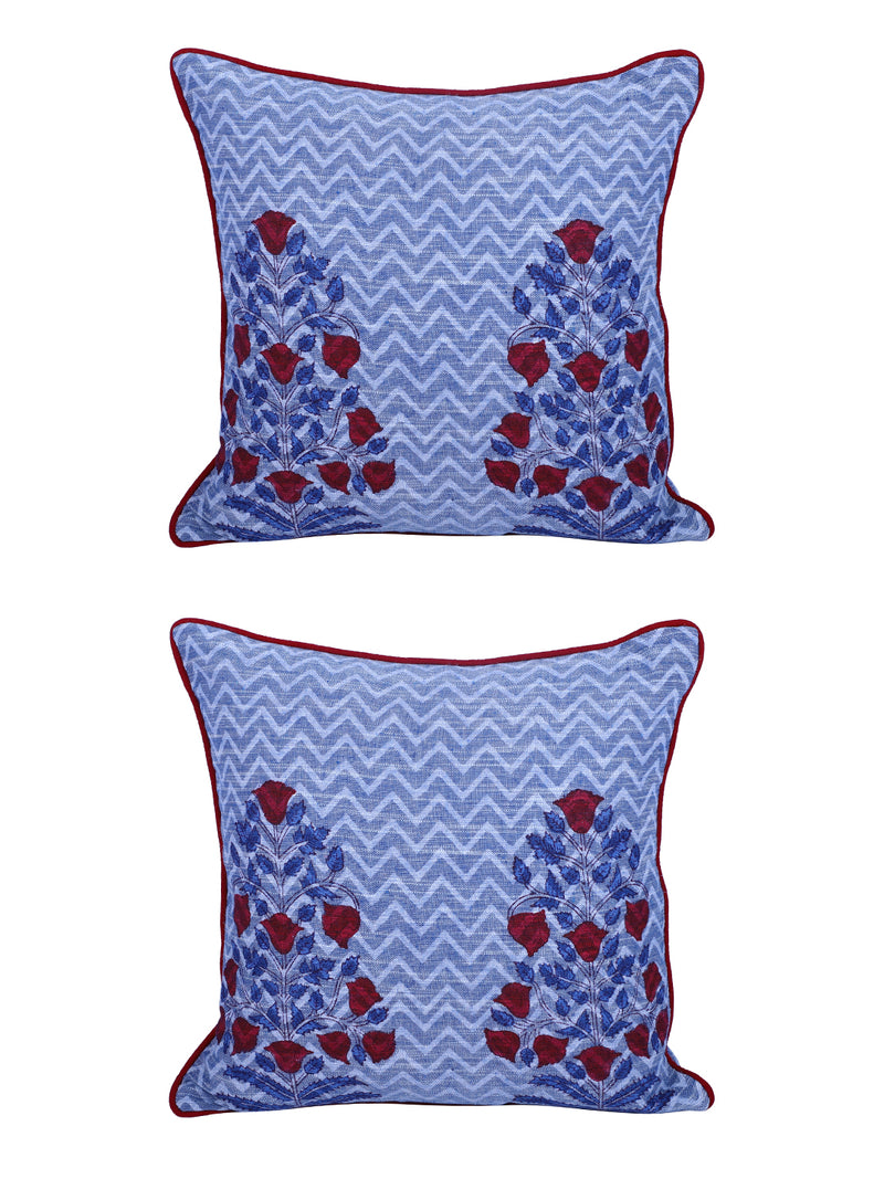Rajasthan Décor Hand Block Floral Sky Blue Cotton Cushion Cover set of 2 (12x12 inches)