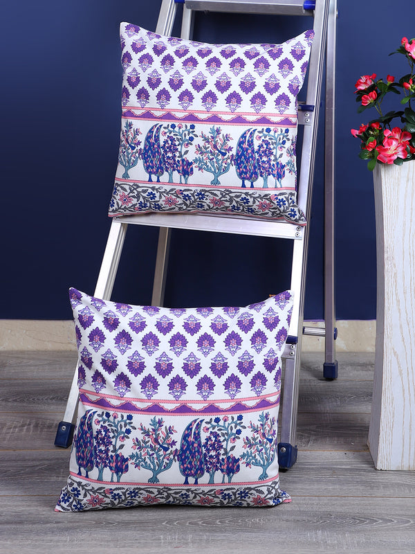 Rajasthan Décor Hand Block Floral White and Indigo Cotton Cushion Cover set of 2 (16x16 inches)