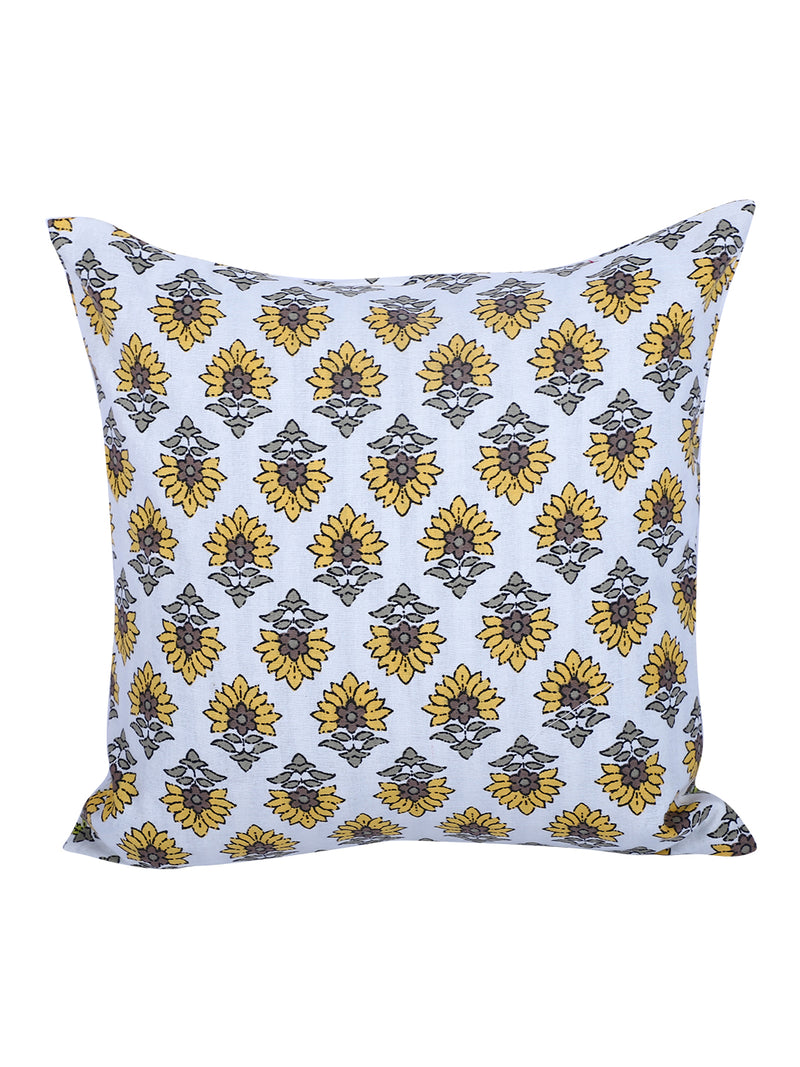Rajasthan Décor Hand Block Floral White and Yellow Cotton Cushion Cover set of 2 (12x12 inches)