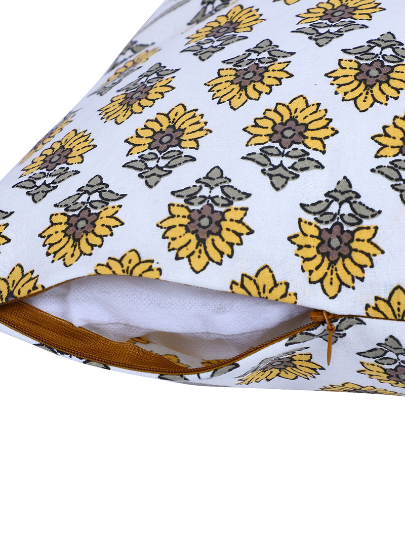 Rajasthan Décor Hand Block Floral White and Yellow Cotton Cushion Cover set of 2 (12x12 inches)