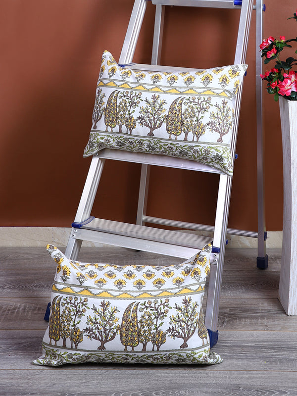 Rajasthan Décor Hand Block Floral White and Yellow Cotton Cushion Cover set of 2 (12x18 inches)