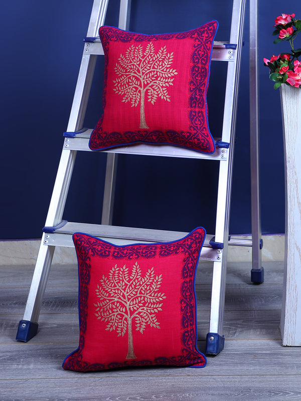 Rajasthan Décor Hand Block Floral Pink Color Cotton Cushion Cover set of 2 (12x12 inches)