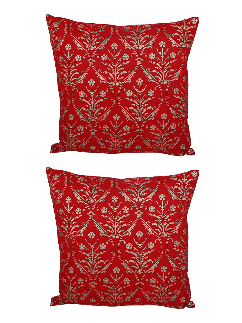 Rajasthan Décor Hand Block Floral Red and Gold Cotton Cushion Cover set of 2 (16x16 inches)