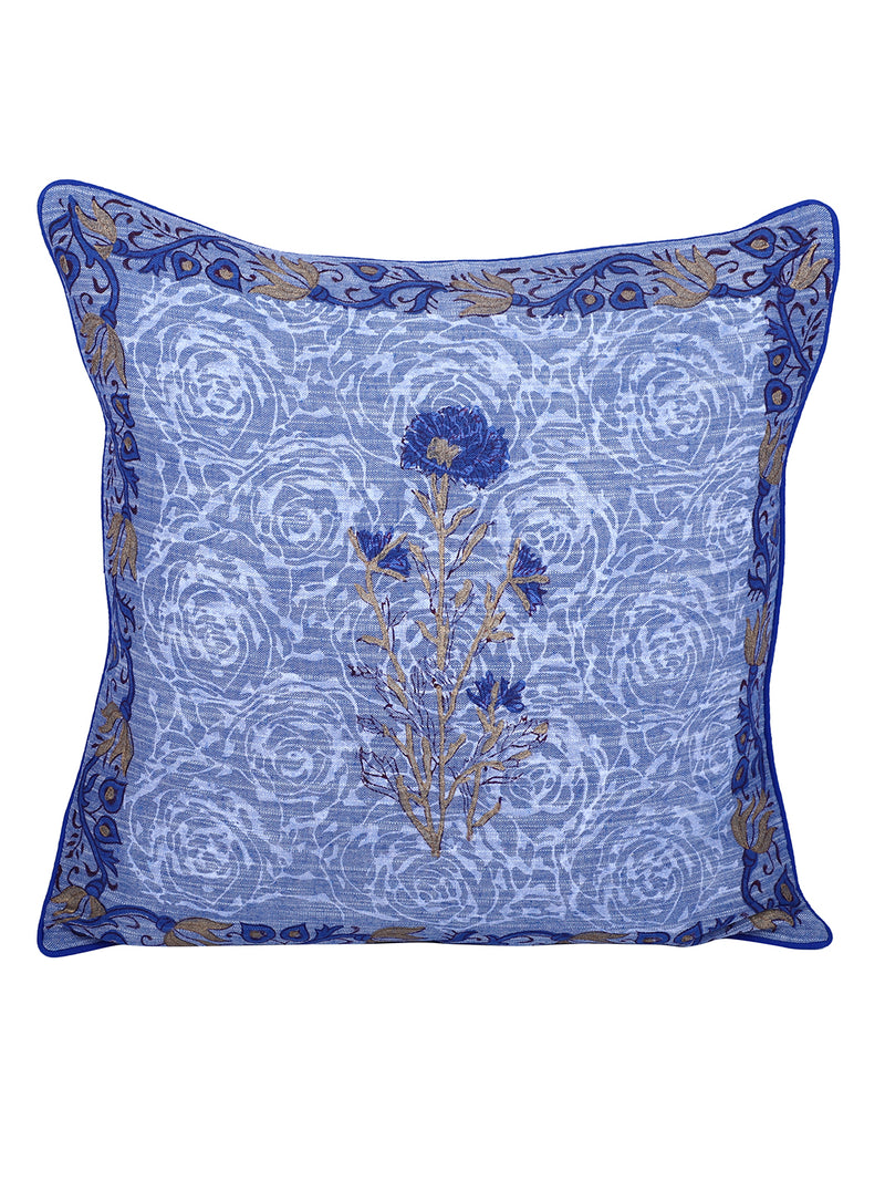 Rajasthan Décor Hand Block Floral Sky Blue Cotton Cushion Cover set of 2 (16x16 inches)