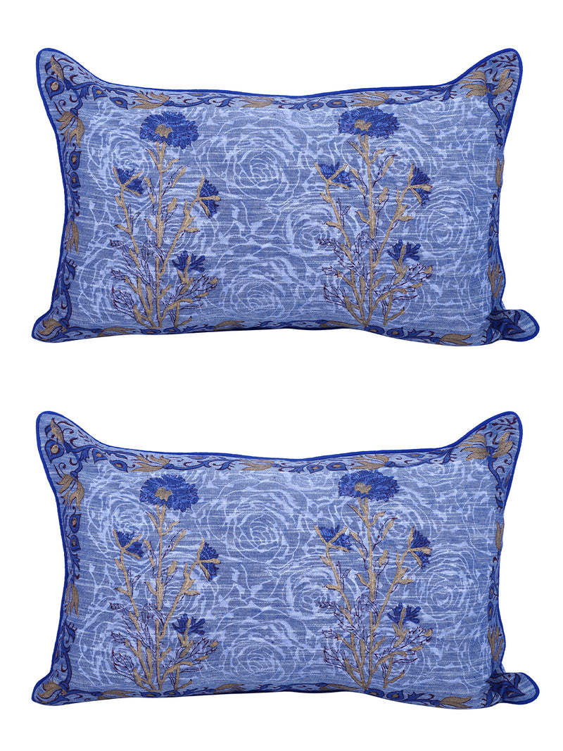 Rajasthan Décor Hand Block Floral Sky Blue Cotton Cushion Cover set of 2 (12x18 inches)