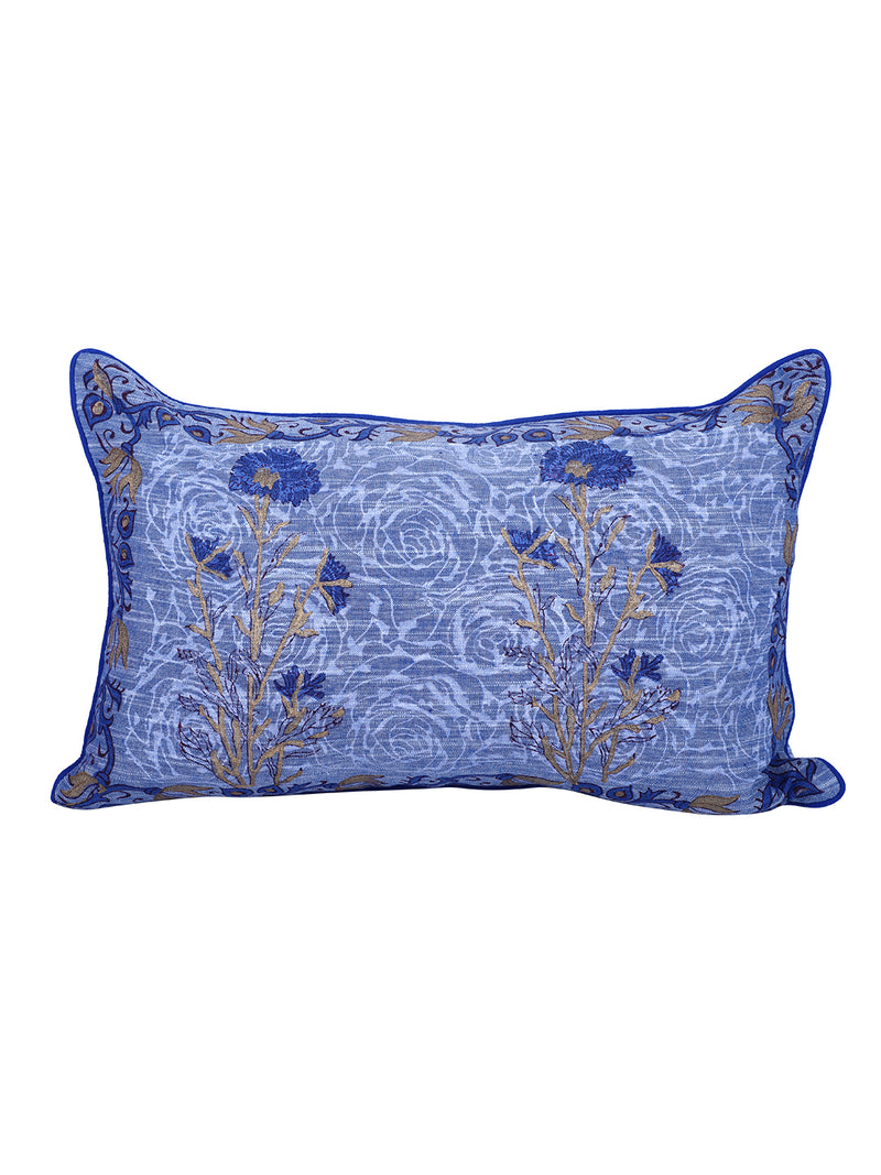 Rajasthan Décor Hand Block Floral Sky Blue Cotton Cushion Cover set of 2 (12x18 inches)