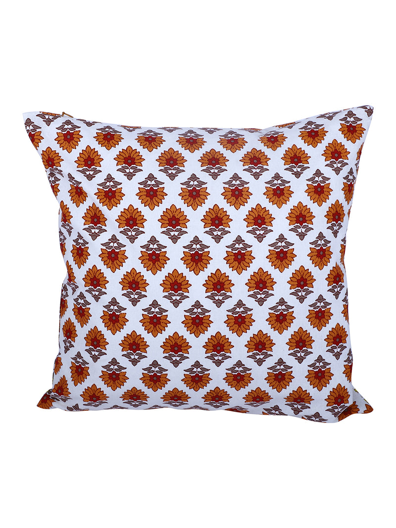 Rajasthan Décor Hand Block Floral White and Orange Cotton Cushion Cover set of 2 (16x16 inches)
