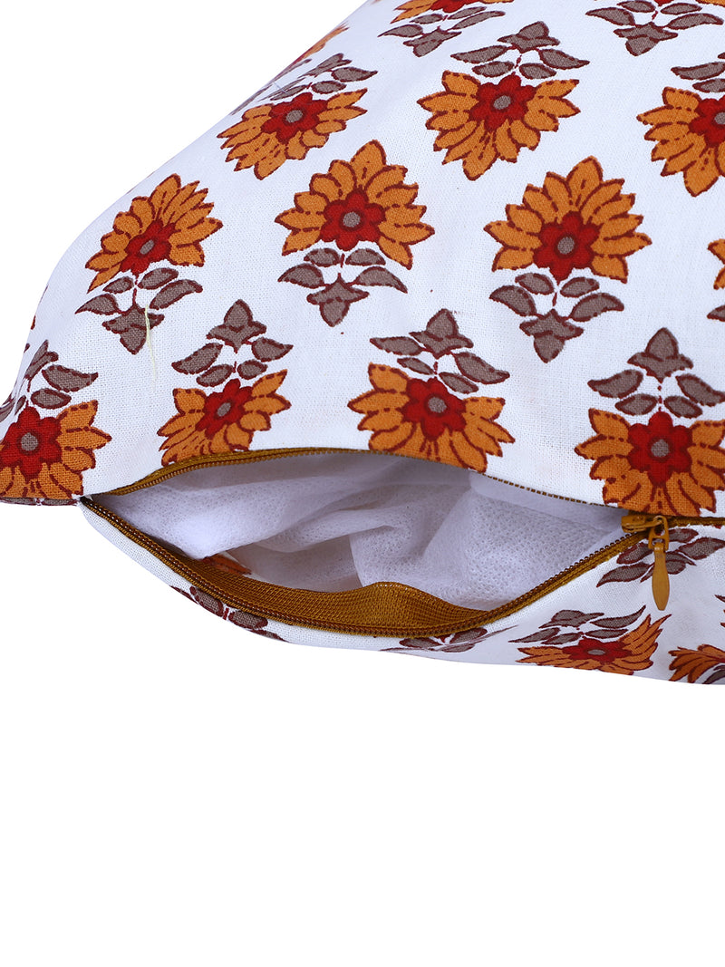 Rajasthan Décor Hand Block Floral White and Orange Cotton Cushion Cover set of 2 (16x16 inches)