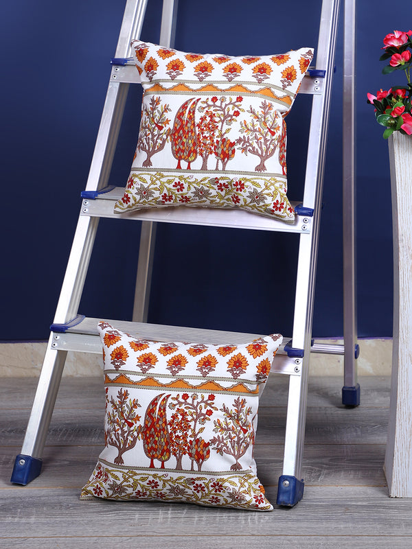 Rajasthan Décor Hand Block Floral White and Orange Cotton Cushion Cover set of 2 (12x12 inches)