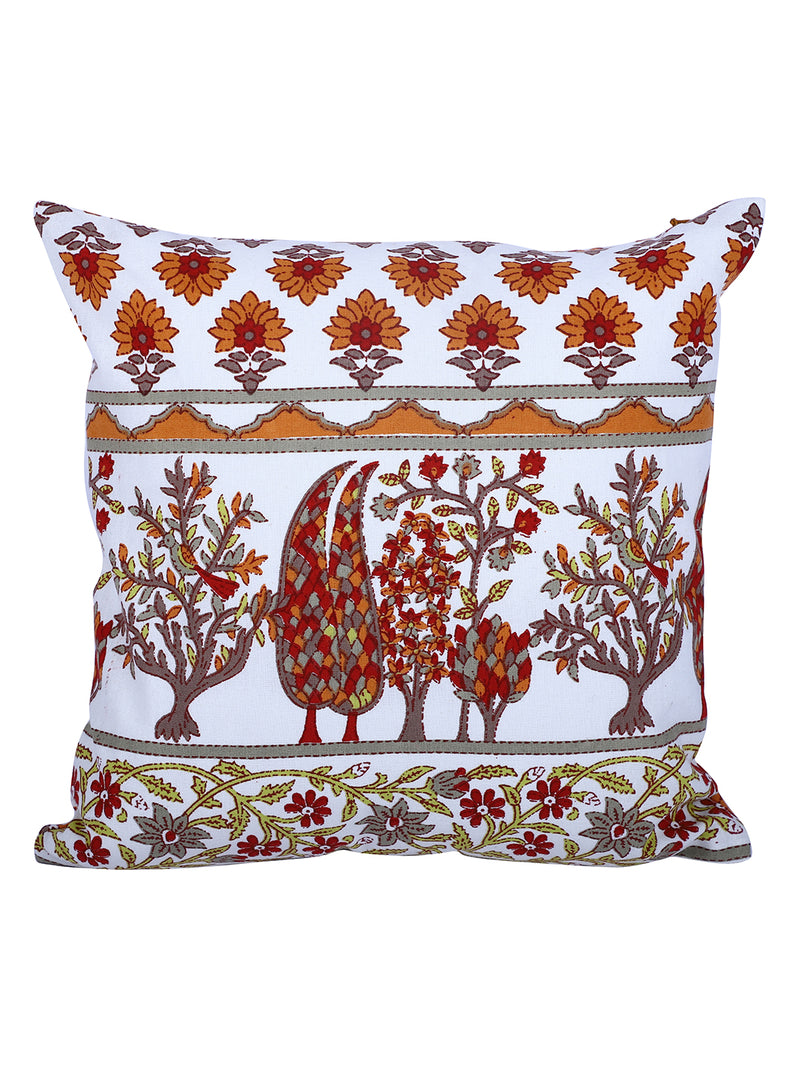 Rajasthan Décor Hand Block Floral White and Orange Cotton Cushion Cover set of 2 (12x12 inches)