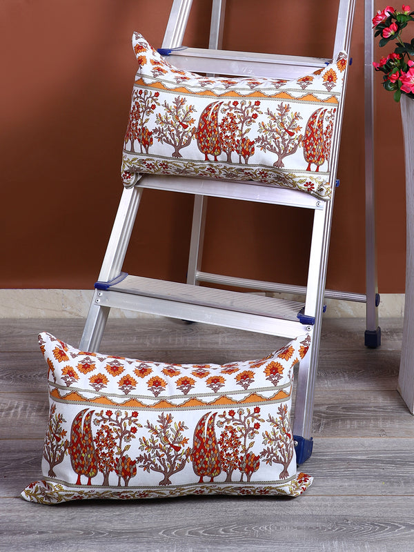 Rajasthan Décor Hand Block Floral White and Orange Cotton Cushion Cover set of 2 (12x18 inches)