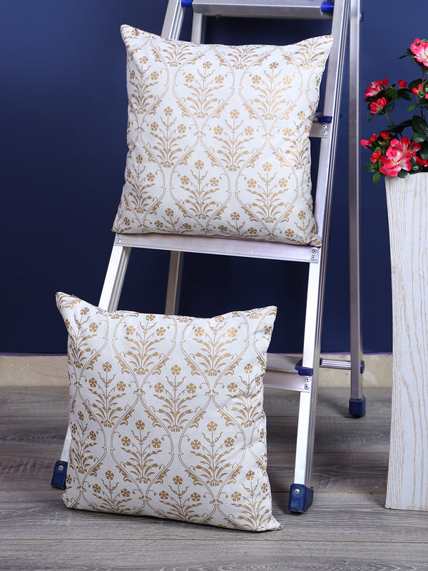 Rajasthan Décor Hand Block Floral White and Gold Cotton Cushion Cover set of 2 (16x16 inches)