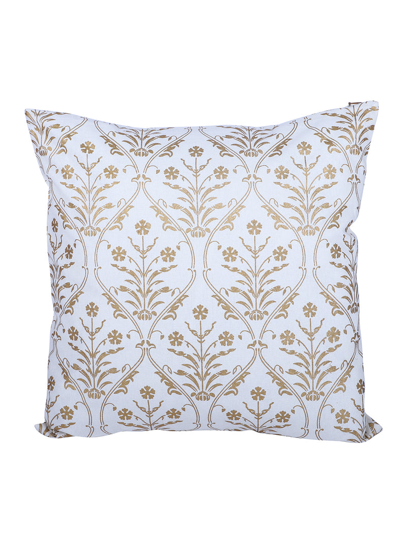 Rajasthan Décor Hand Block Floral White and Gold Cotton Cushion Cover set of 2 (16x16 inches)