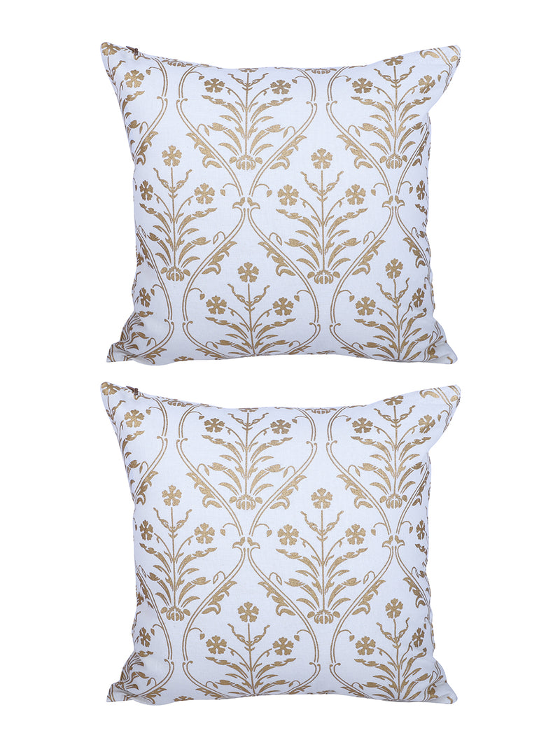 Rajasthan Décor Hand Block Floral White and Gold Cotton Cushion Cover set of 2 (12x12 inches)