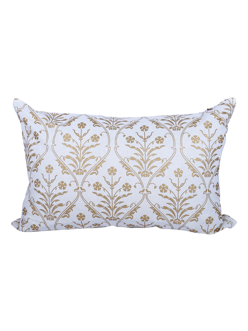 Rajasthan Décor Hand Block Floral White and Gold Cotton Cushion Cover set of 2 (12x18 inches)