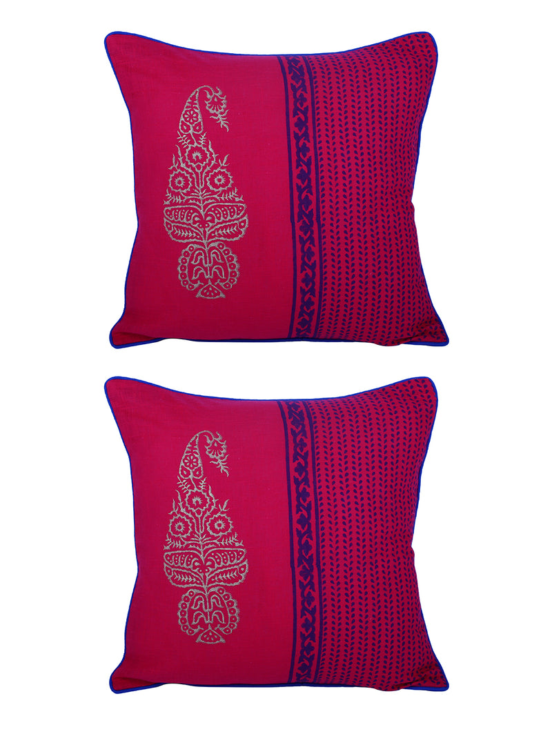 Rajasthan Décor Hand Block Floral Maroon Cotton Cushion Cover set of 2 (16x16 inches)