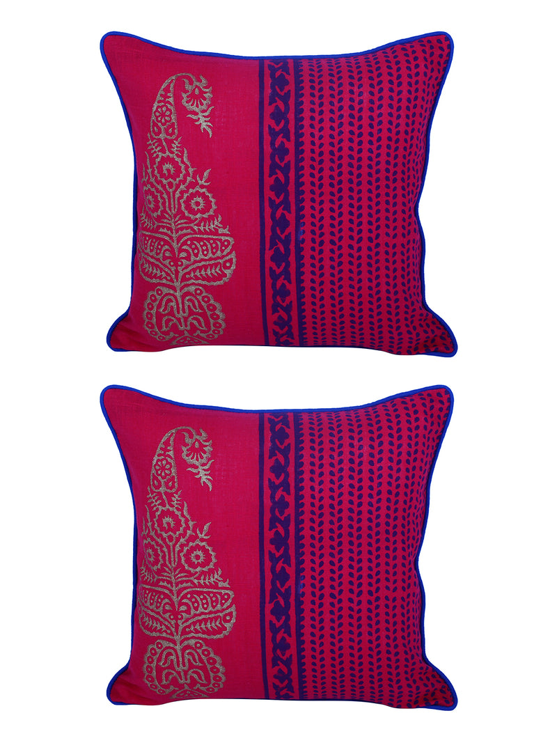 Rajasthan Décor Hand Block Floral Maroon Cotton Cushion Cover set of 2 (12x12 inches)