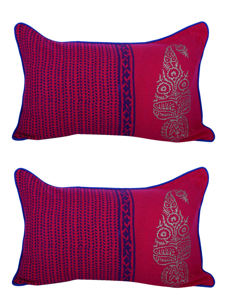 Rajasthan Décor Hand Block Floral Maroon Cotton Cushion Cover set of 2 (12x18 inches)