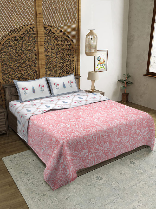 Rajasthan Decor White and Peach Floral Print Reversible Jaipuri Double Bed Dohar
