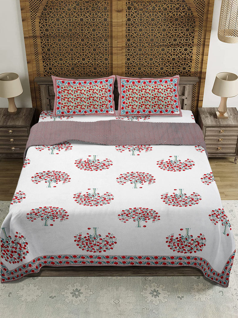 Rajasthan Decor White and Red Floral Print Reversible Jaipuri Double Bed Dohar