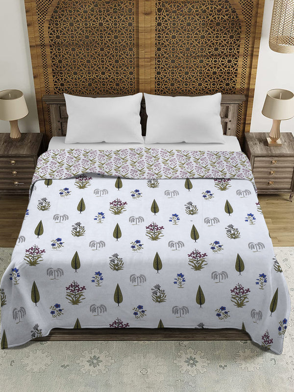 White Ethnic Printed 120 GSM Revesible Cotton Double Bed AC Dohar