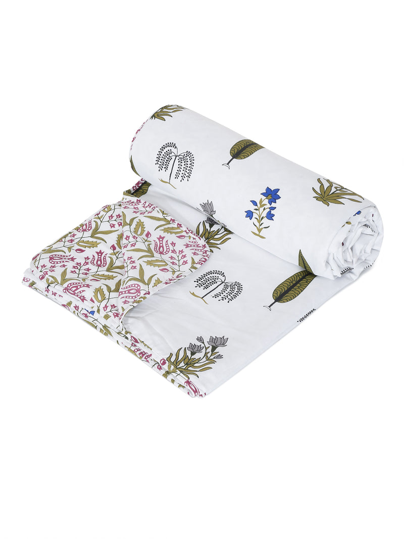 White Ethnic Printed 120 GSM Revesible Cotton Double Bed AC Dohar