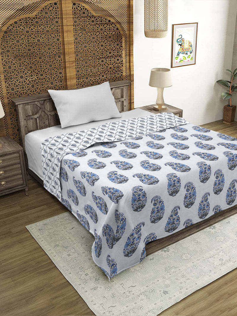 White and Blue Printed 120 GSM Revesible Cotton Single Bed AC Dohar