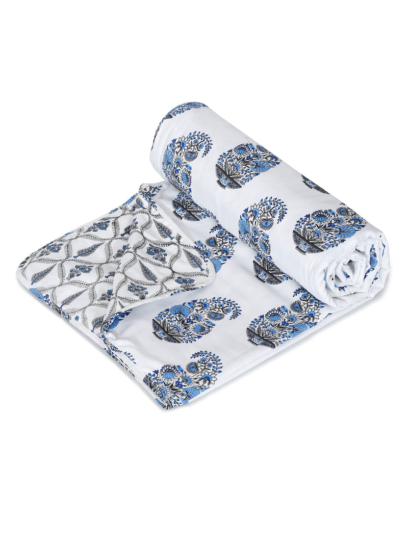 White and Blue Printed 120 GSM Revesible Cotton Single Bed AC Dohar