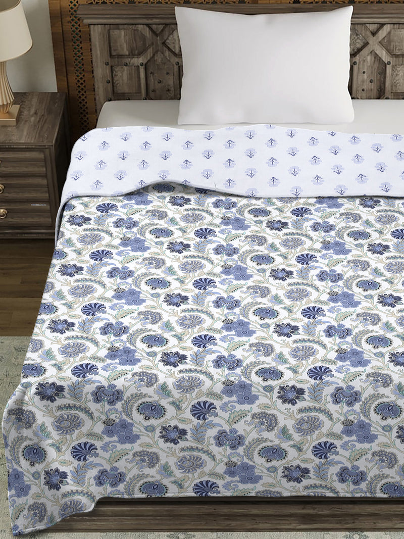 White and Blue Floral Printed 120 GSM Revesible Cotton Single Bed AC Dohar