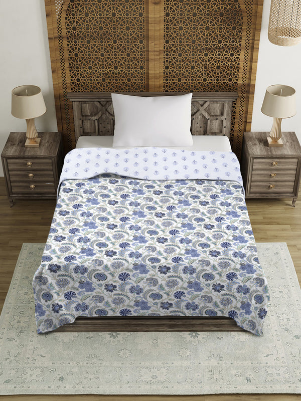 White and Blue Floral Printed 120 GSM Revesible Cotton Single Bed AC Dohar