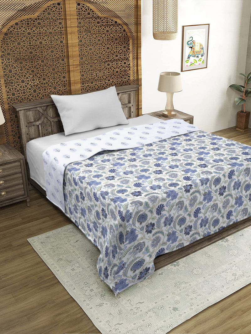 White and Blue Floral Printed 120 GSM Revesible Cotton Single Bed AC Dohar