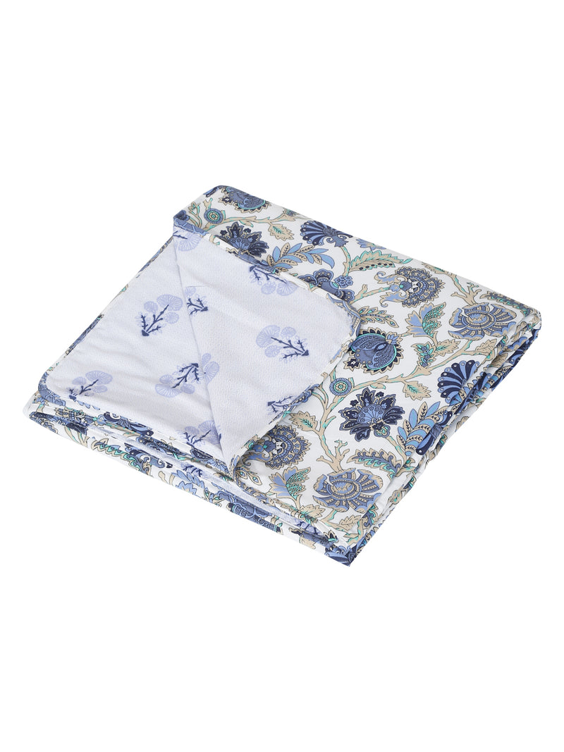 White and Blue Floral Printed 120 GSM Revesible Cotton Single Bed AC Dohar