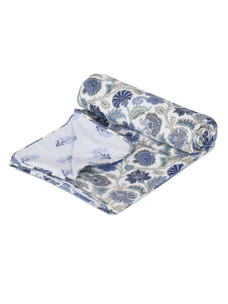 White and Blue Floral Printed 120 GSM Revesible Cotton Single Bed AC Dohar