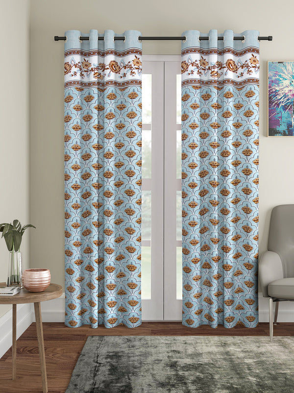 Rajsthan Décor Screen Print Cotton Light Blue Floral Door Curtain Set of 2 (54x85 Inch)