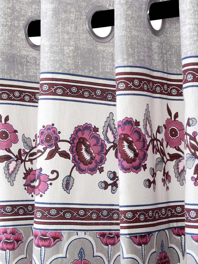 Rajsthan Décor Screen Print Cotton Grey Floral Door Curtain Set of 2 (54x85 Inch)
