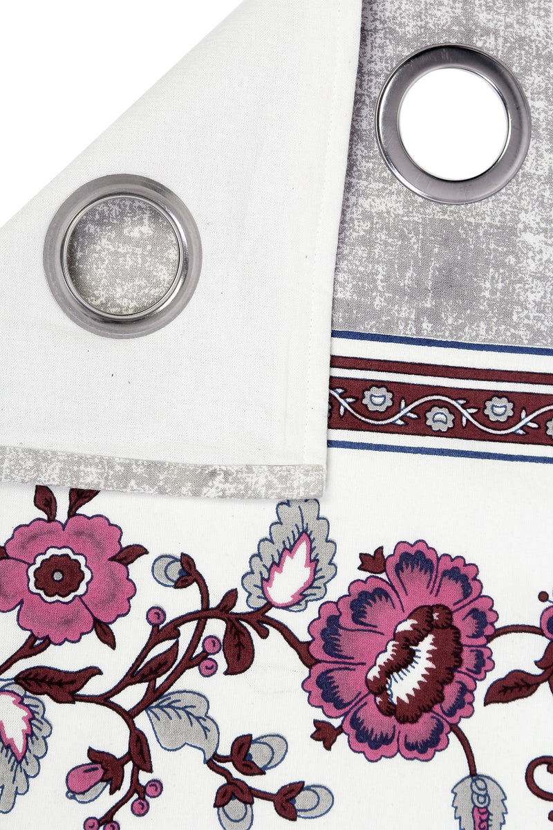 Rajsthan Décor Screen Print Cotton Grey Floral Door Curtain Set of 2 (54x85 Inch)