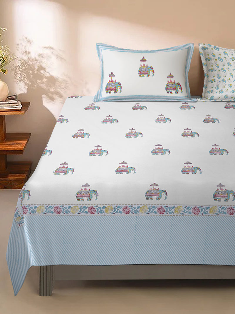 Rajasthan Decor 240 TC Percale Cotton Hand Block Cotton King Bedsheet with 2 Pillow Covers