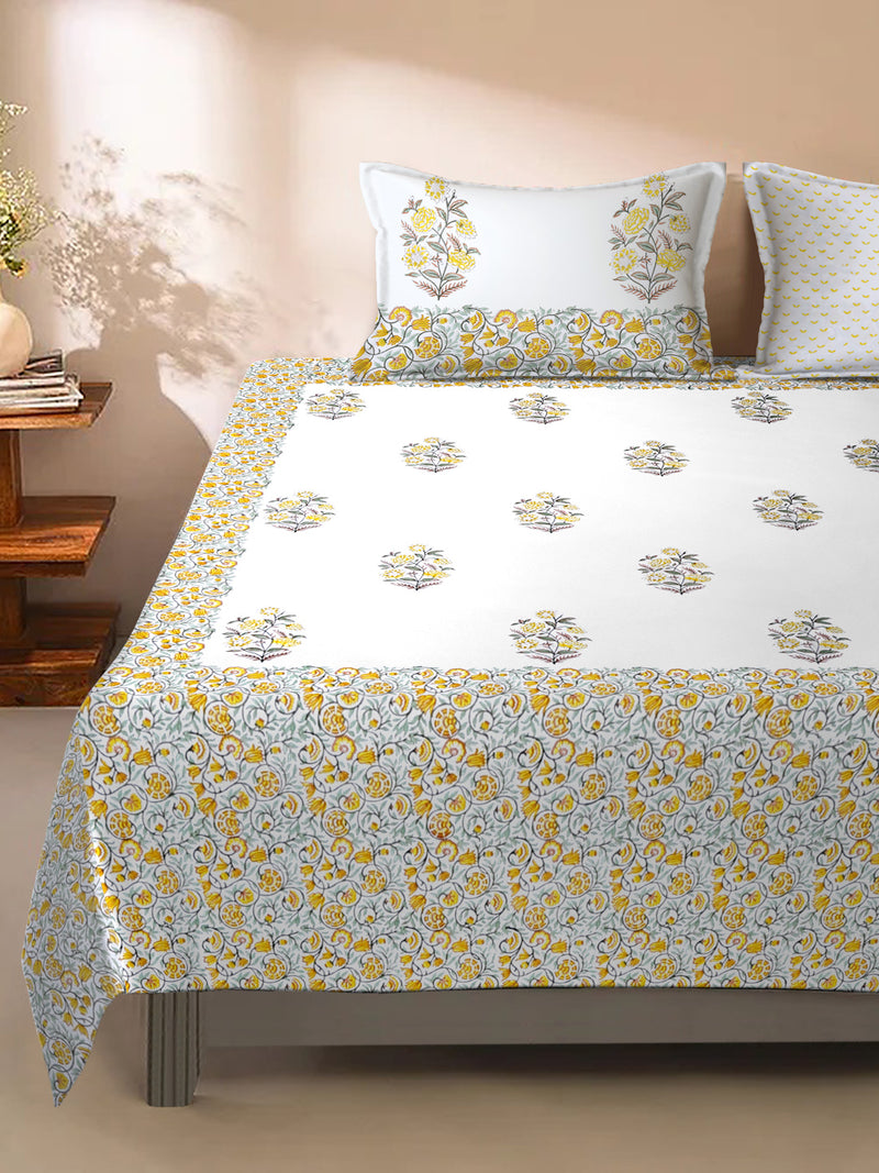 240 TC Percale Cotton Hand Block Cotton King Bedsheet with 2 Pillow Covers