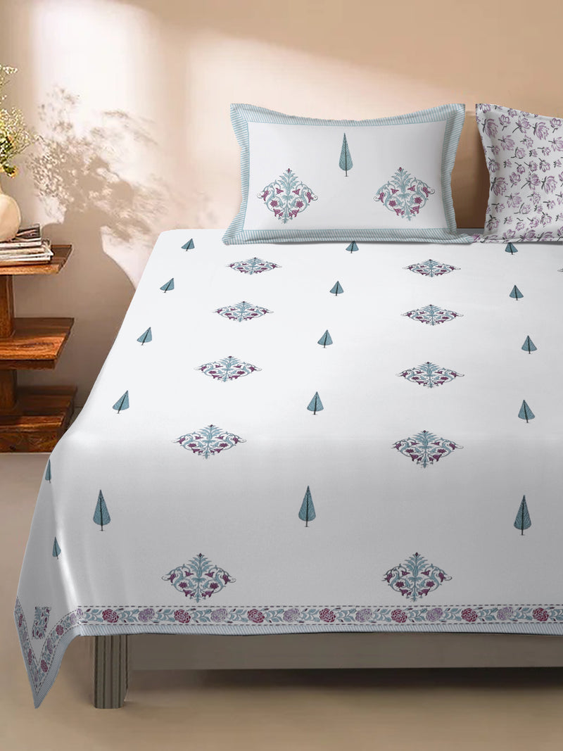 Rajasthan Decor 240 TC Percale Cotton Hand Block Cotton King Bedsheet with 2 Pillow Covers