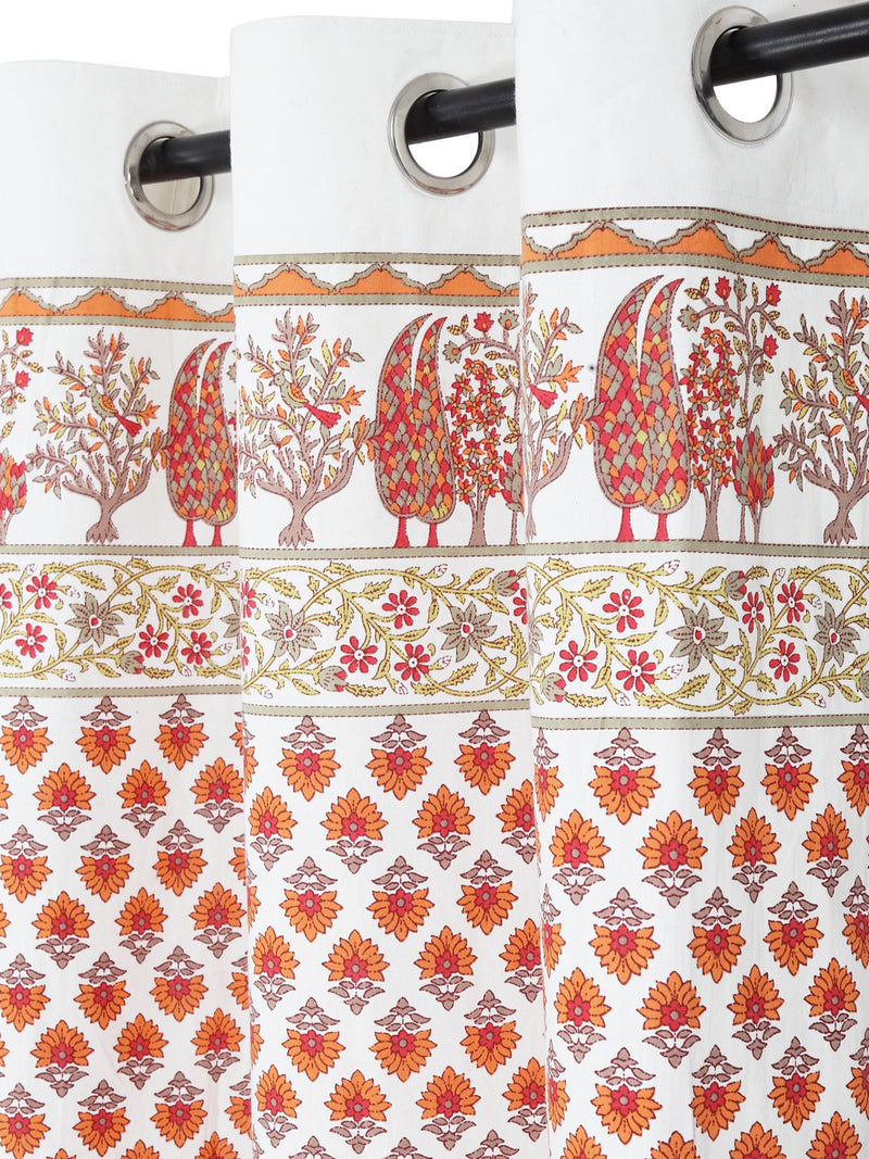 Rajsthan Décor Screen Print Cotton White and Orange Floral Long Door Curtain Single Pc (54x110 inch)