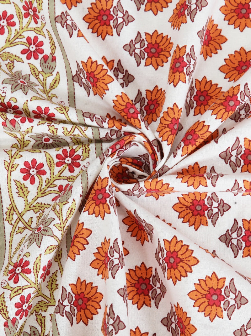 Rajsthan Décor Screen Print Cotton White and Orange Floral Long Door Curtain Single Pc (54x110 inch)
