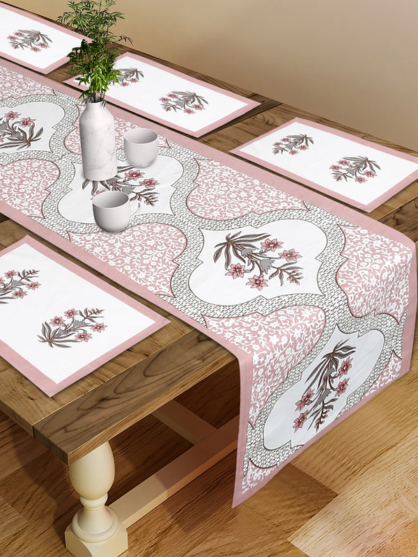 White and Pink Set of 7 Cotton Printed Table Mat and Runner
