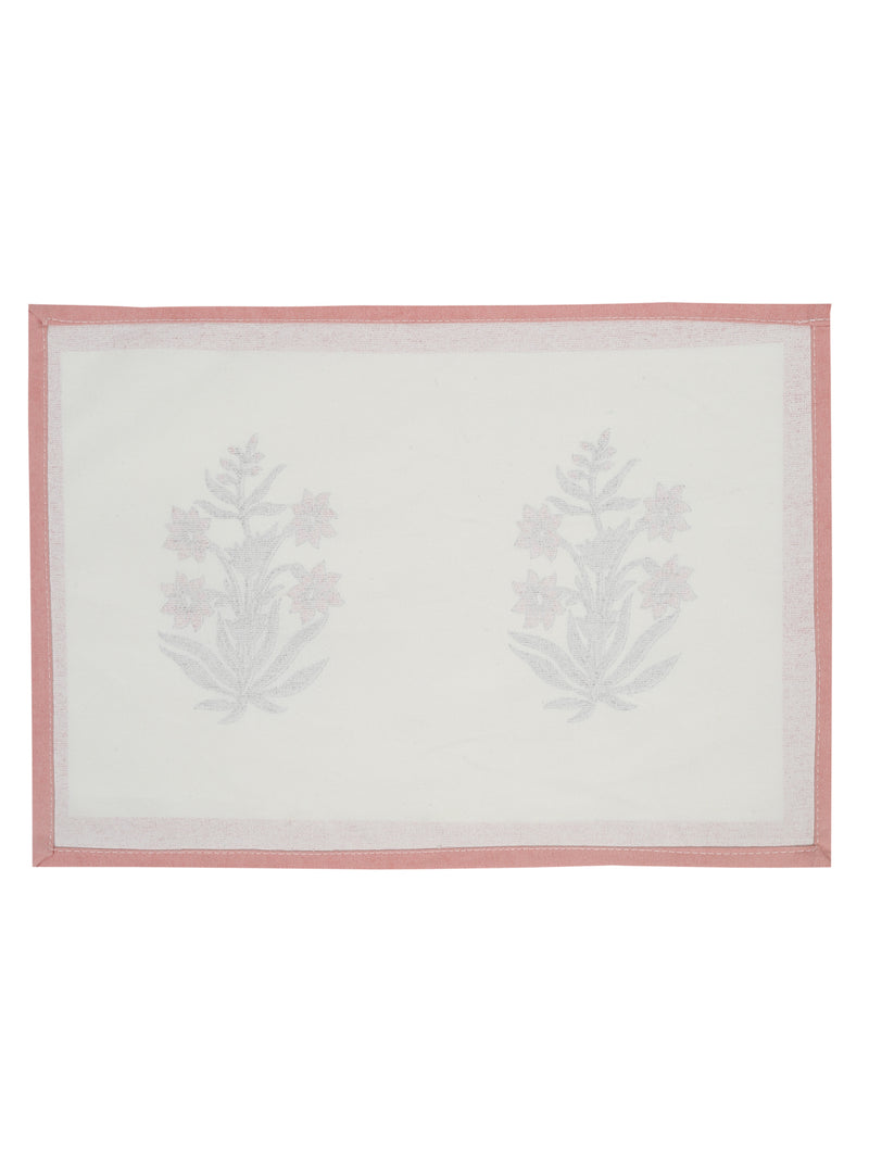 White and Pink Set of 7 Cotton Printed Table Mat and Runner