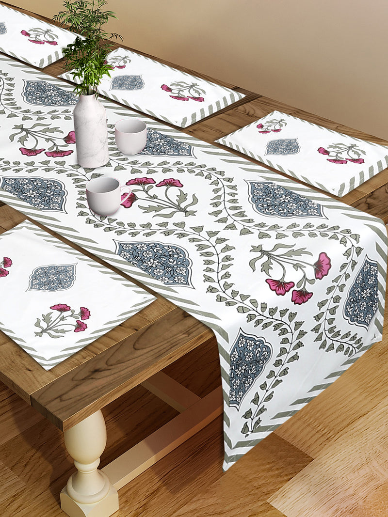 White and Green Set of 7 Cotton Floral Printed Table Mat and Runner