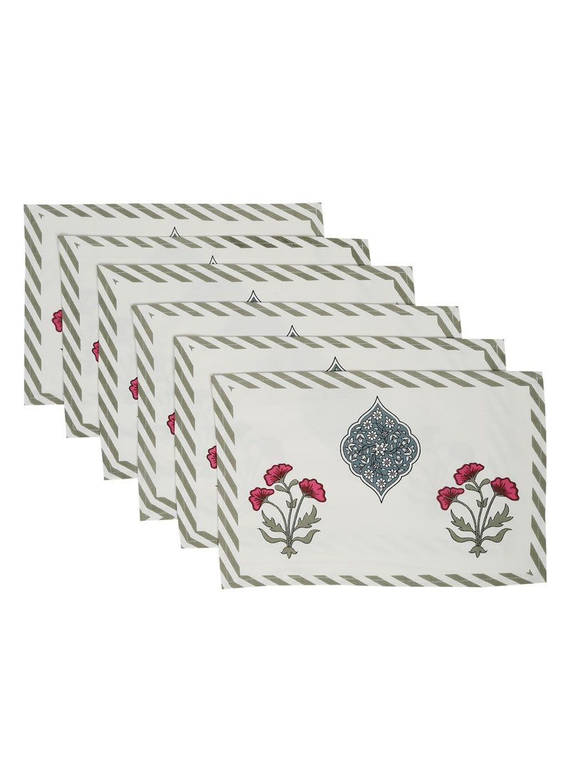 White and Green Set of 7 Cotton Floral Printed Table Mat and Runner