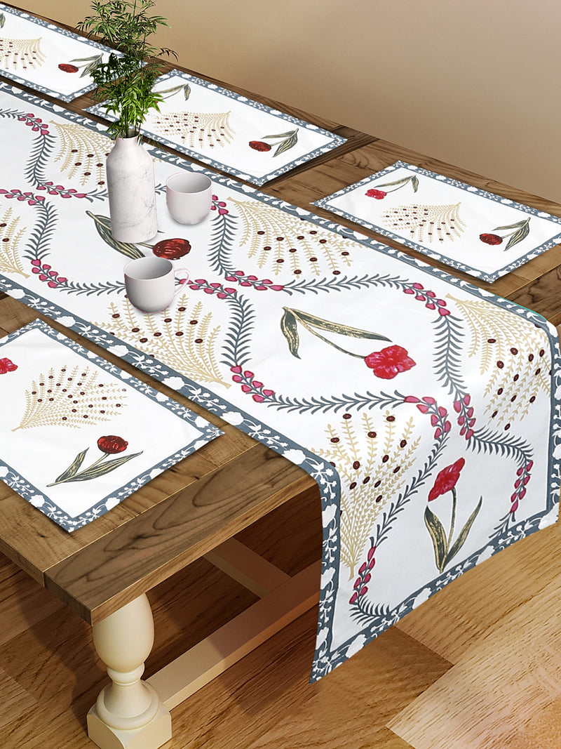 White and Yellow Set of 7 Cotton Printed Table Mat and Runner